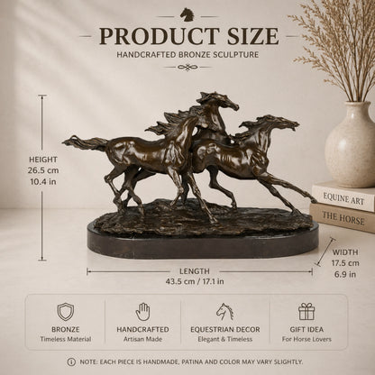 Dynamic bronze statue of three wild horses galloping as a herd, realistic running horse scene on oval black marble base, loss wax casting fine art.