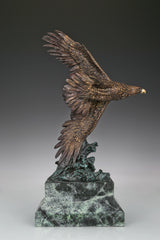 Eagle taking flight bronze sculpture with detailed feathers and marble base. Perfect wildlife statue for home decor, office, and collectors.