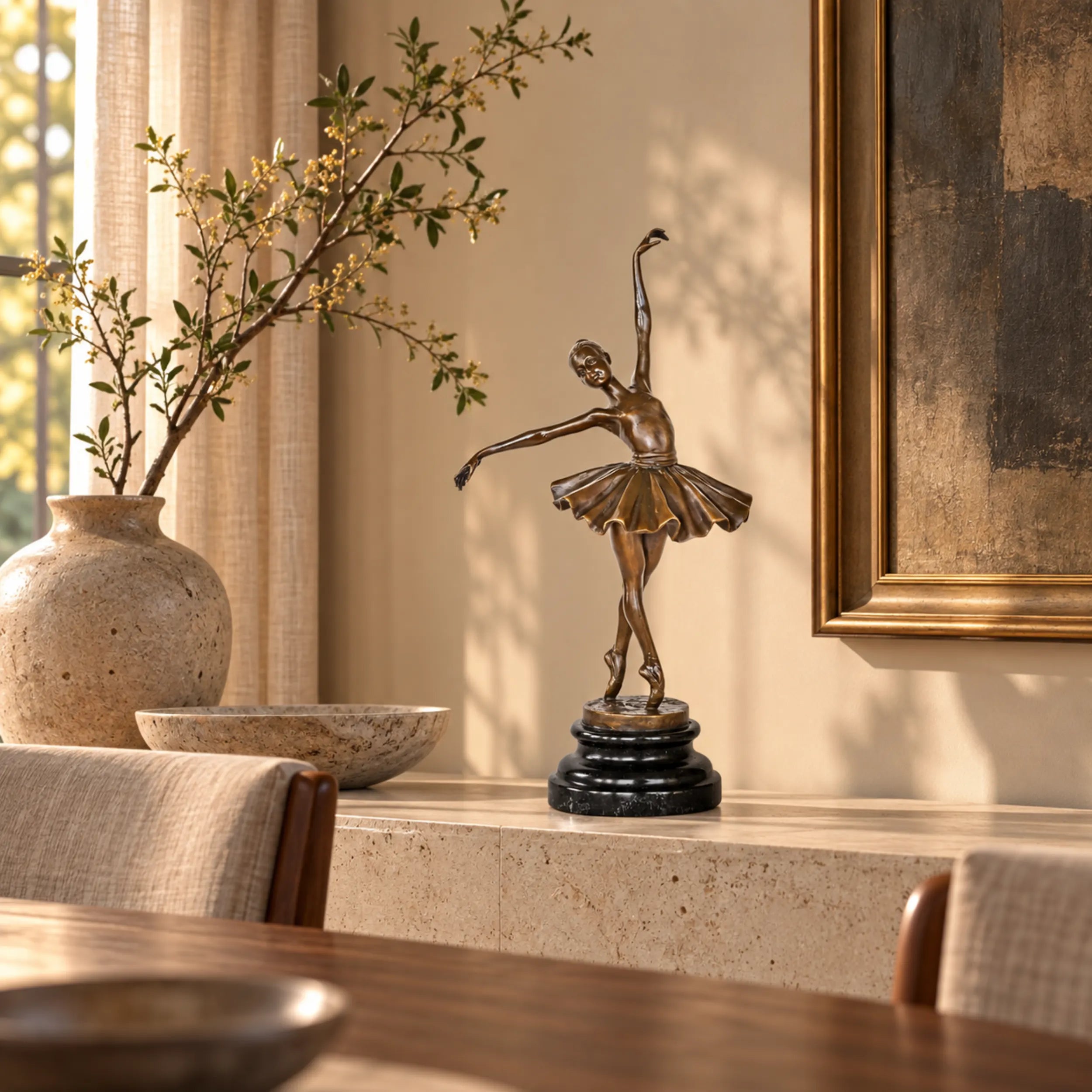 Elegant ballerina bronze sculpture displayed in a refined living room as decorative art