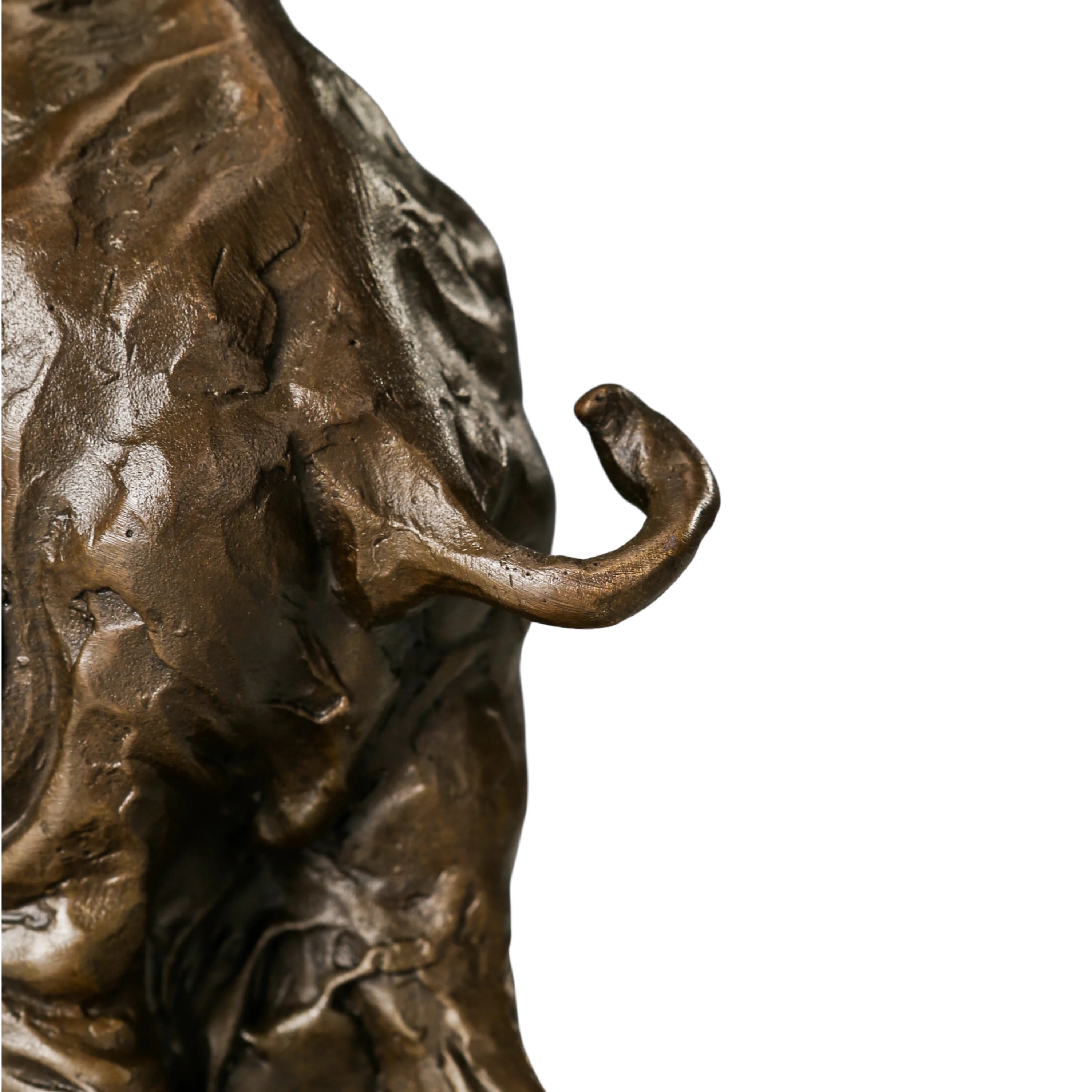 Playful elephant calf bronze sculpture with raised trunk and textured patina. A charming wildlife statue symbolizing joy, luck, and new beginnings.