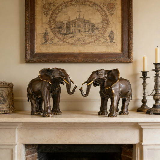 Elegant pair of bronze elephant statues crafted with lost-wax casting. Symbolizing harmony, strength, and prosperity—perfect for luxury home decor or art collections.