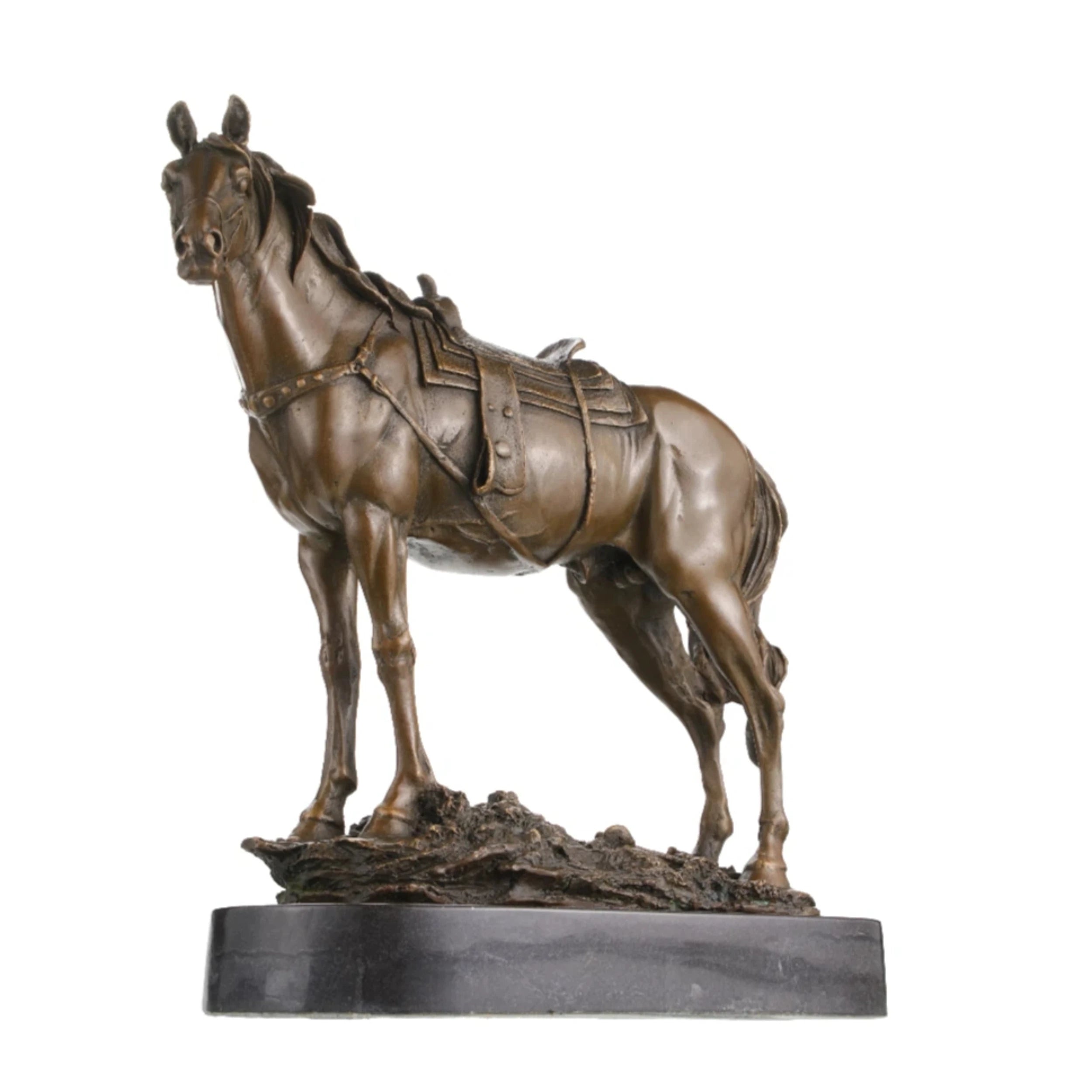Realistic saddled standing horse bronze sculpture with detailed saddle on marble base