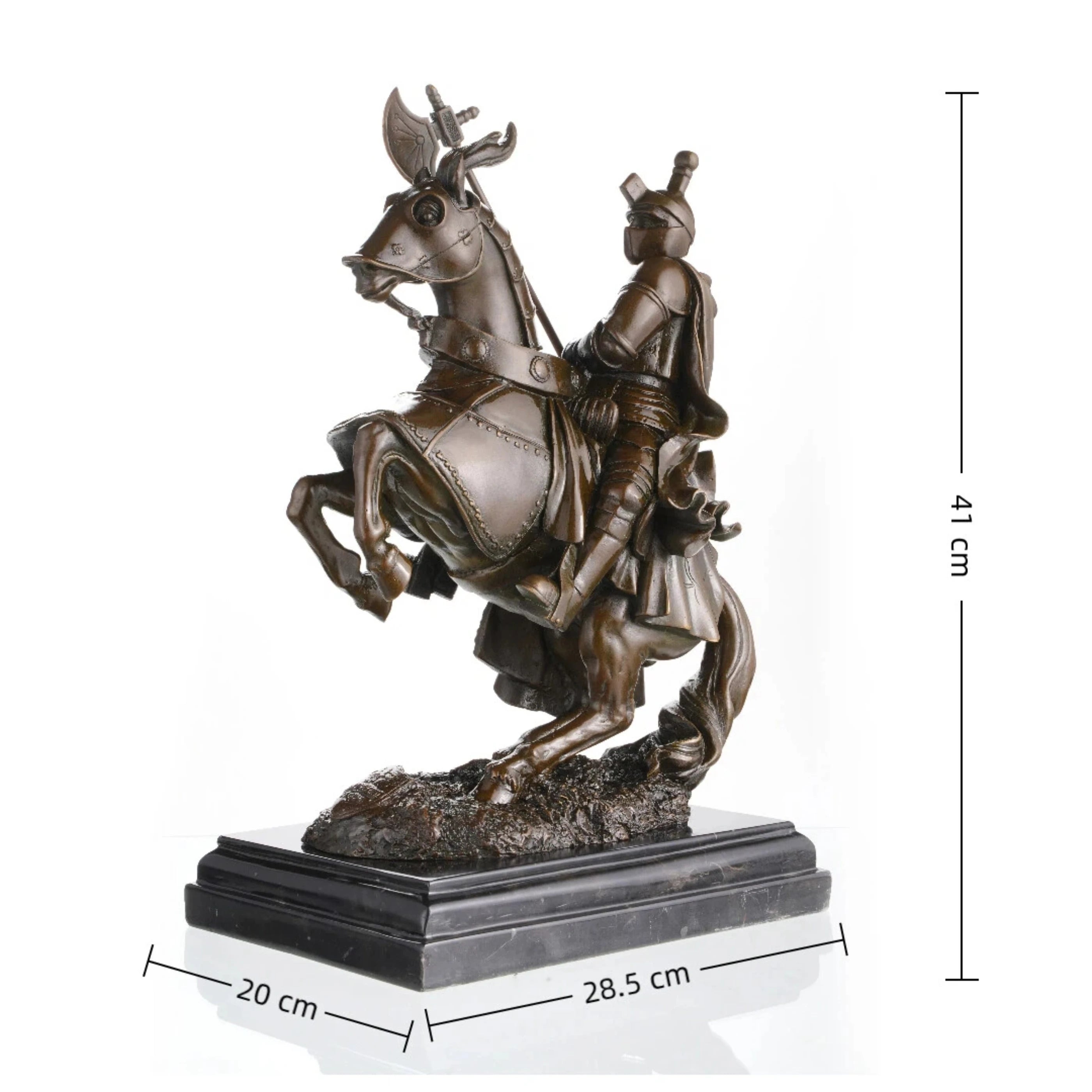 Bronze sculpture of a medieval knight on a rearing horse in full armor. A powerful equestrian statue symbolizing strength, honor, and chivalry.