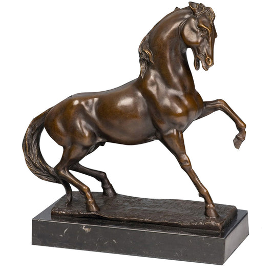 Refined prancing bronze horse sculpture with raised foreleg and flowing mane, realistic equestrian statue on black marble base, lost wax casting fine art.