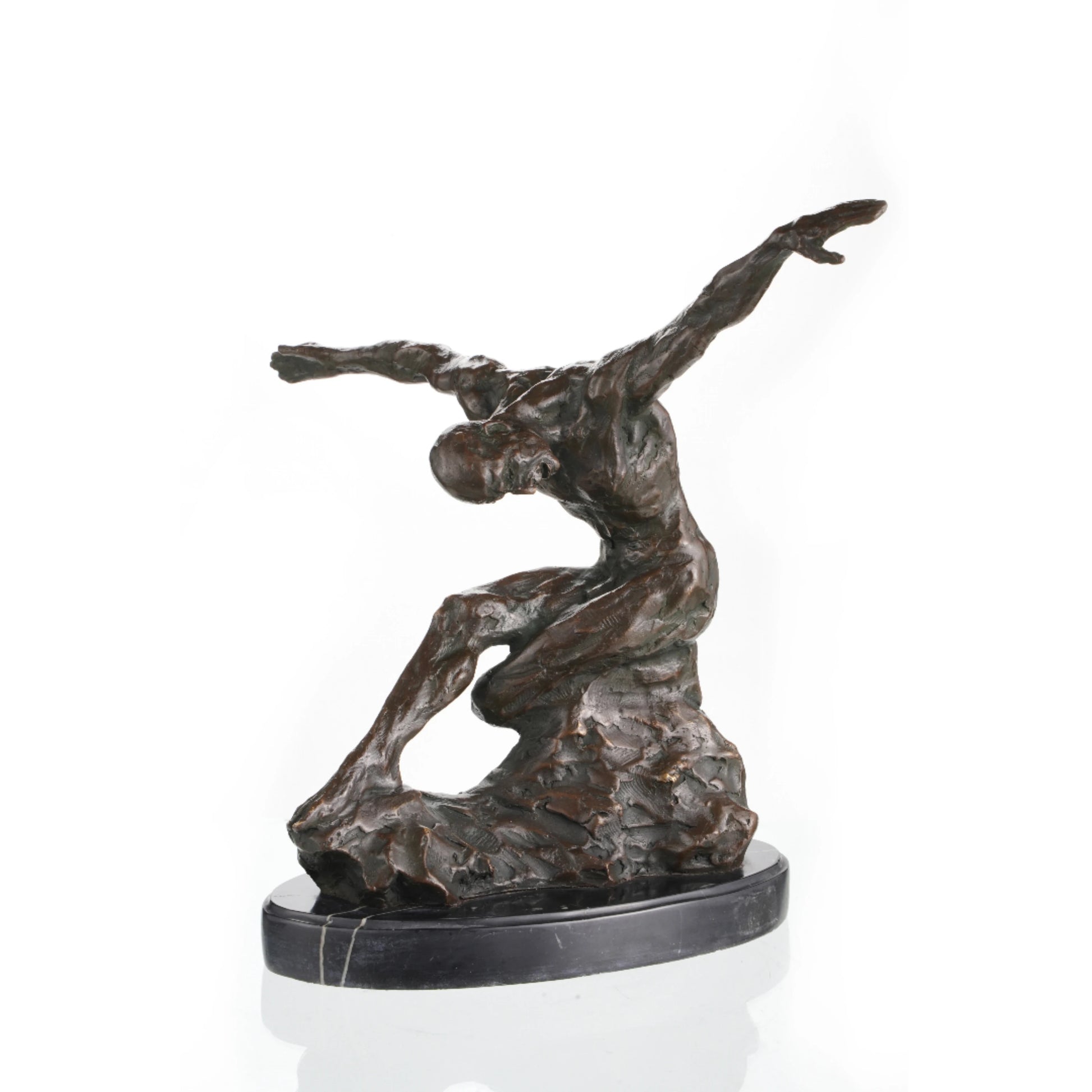 Expressionist bronze sculpture of crouching male figure with dynamic movement