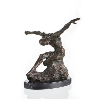 Expressionist bronze sculpture of crouching male figure with dynamic movement