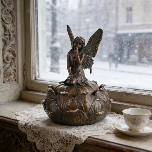 Bronze fairy on lotus lidded trinket box, butterfly wing pixie sculpture with hush gesture, lotus flower jewelry storage jar, handcrafted lost wax casting fantasy art.