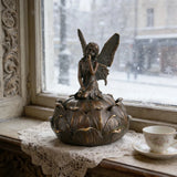 Bronze fairy on lotus lidded trinket box, butterfly wing pixie sculpture with hush gesture, lotus flower jewelry storage jar, handcrafted lost wax casting fantasy art.