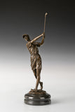 Close-up of the female golfer's face, cap, and hand-finished bronze patina