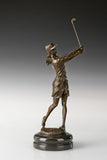 Female golfer bronze sculpture on black marble base, front-left view