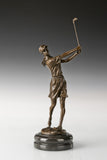 Female golfer bronze sculpture in a raised-club follow-through pose, front view