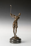 Female golfer bronze sculpture in follow-through pose, three-quarter front view