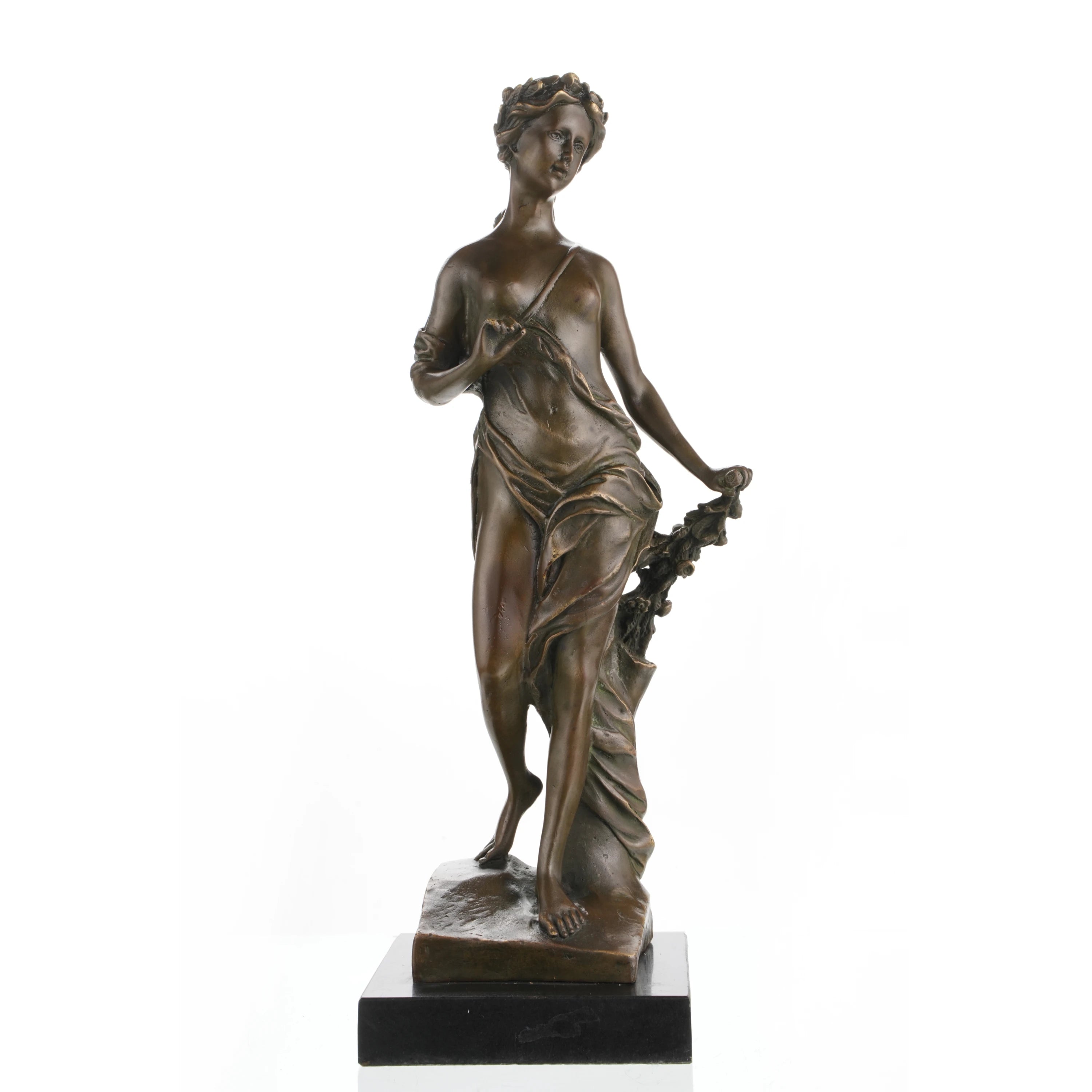 Bronze Greek goddess sculpture with flowing drapery and marble base. Classical female statue for home decor or art collection.