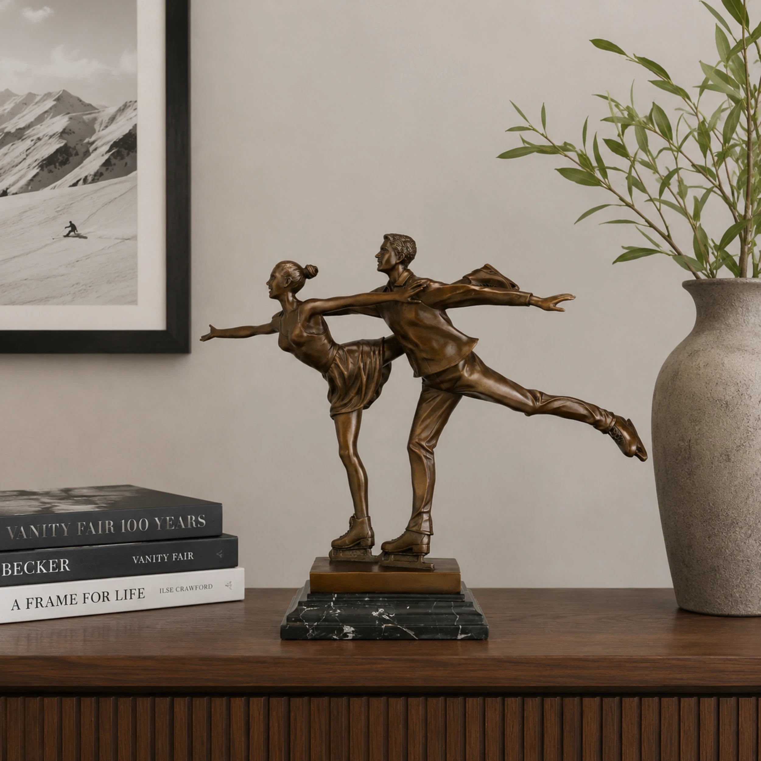 Figure Skating Pair Bronze Sculpture displayed in a modern interior
