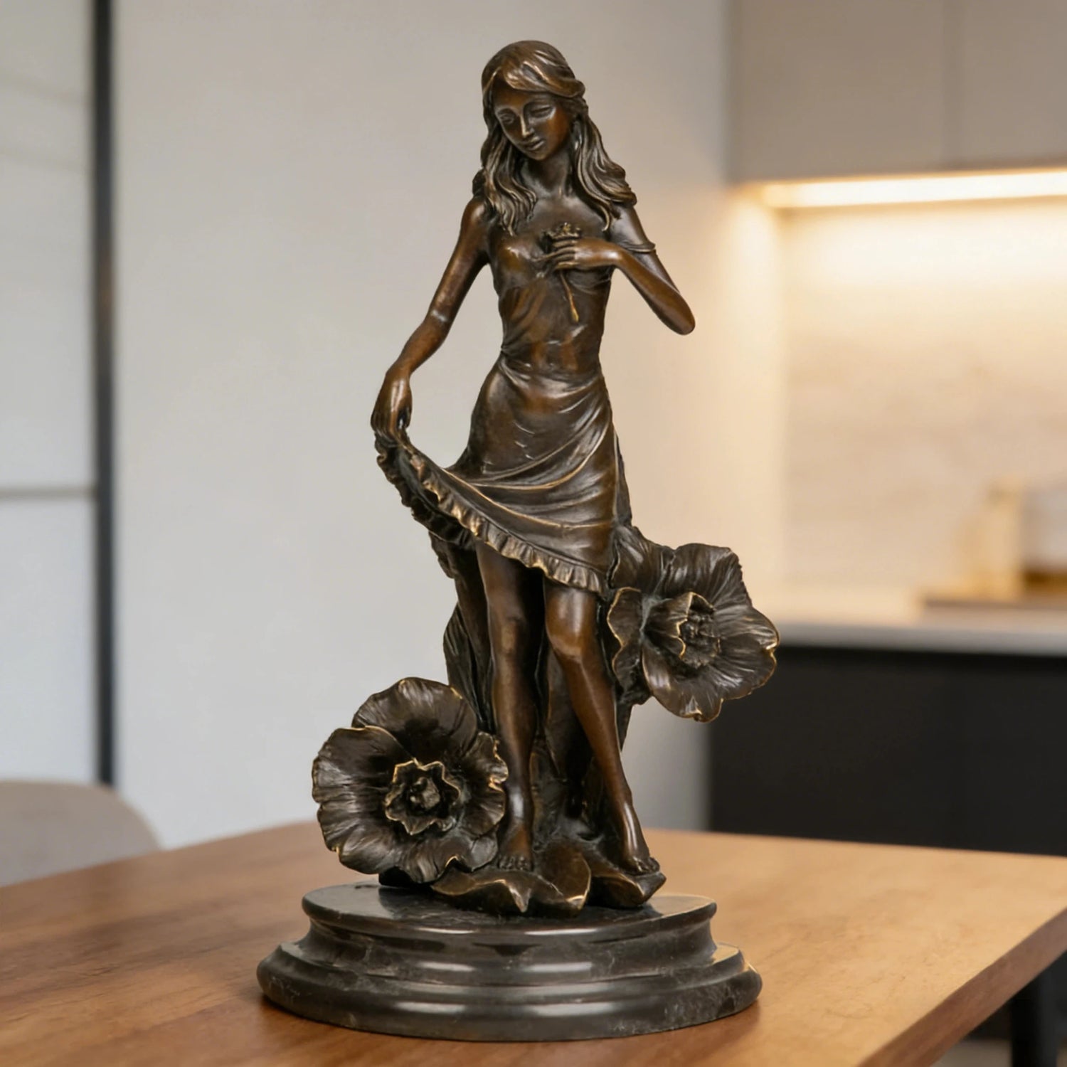 Floral maiden bronze sculpture girl holding flower nature inspired statue