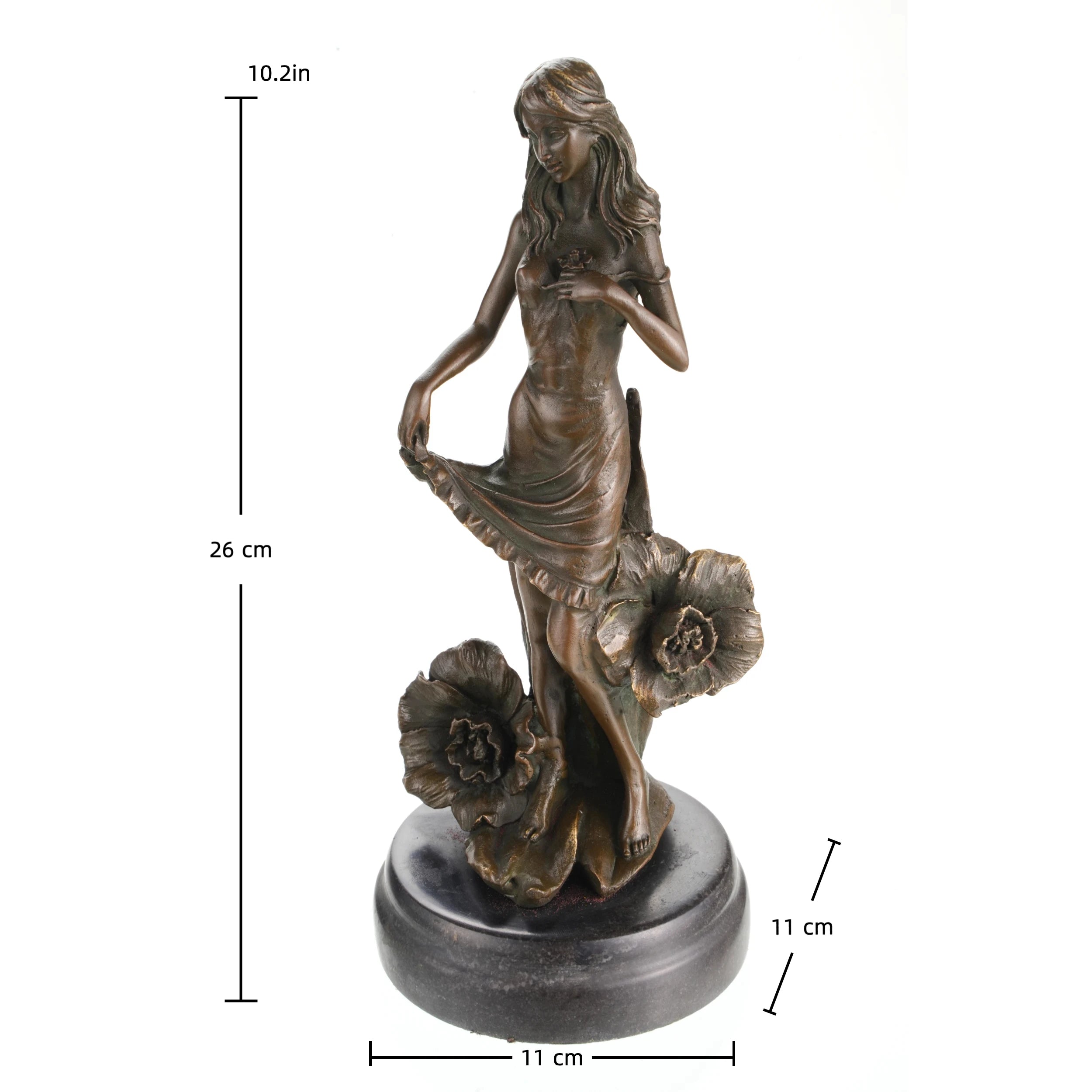 a bronze sculpture of a young maiden surrounded by blooming flowers. Handcrafted using the lost-wax method, this nature-inspired statue brings elegance, softness, and poetic charm to any interior.