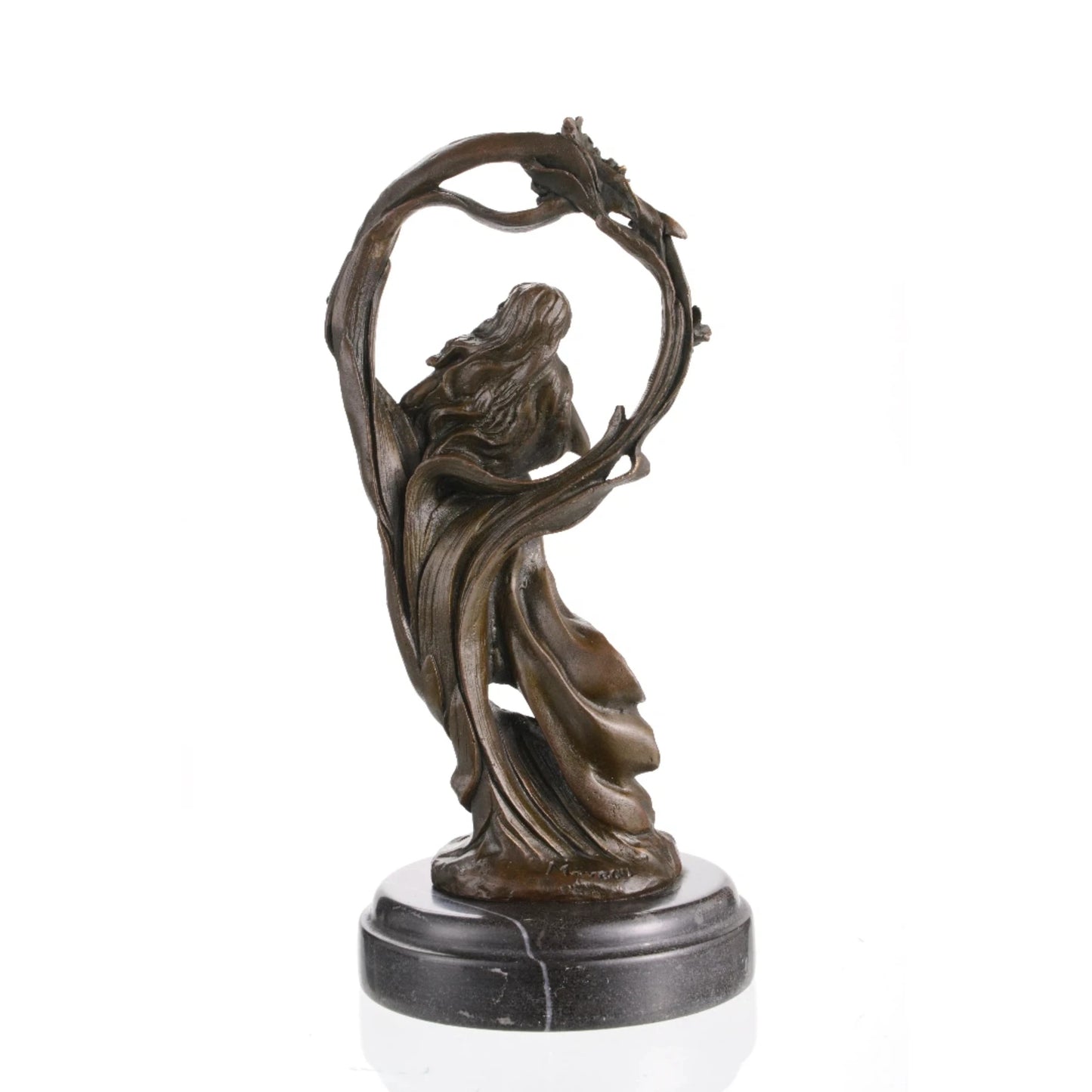Elegant Art Nouveau bronze sculpture of a woman holding an orb, symbolizing mystery and transcendence. A striking decorative piece for refined interiors.