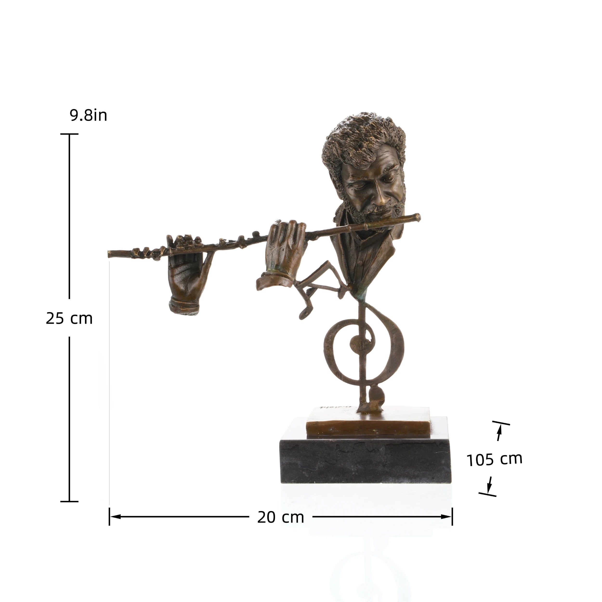 Modern bronze flutist bust sculpture with treble clef anchor, flute player mid-performance statue on black marble base, loss wax casting classical music art.