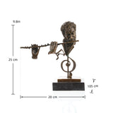Modern bronze flutist bust sculpture with treble clef anchor, flute player mid-performance statue on black marble base, loss wax casting classical music art.