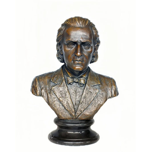 Handcrafted Frédéric Chopin bronze bust with detailed facial features and formal classical attire