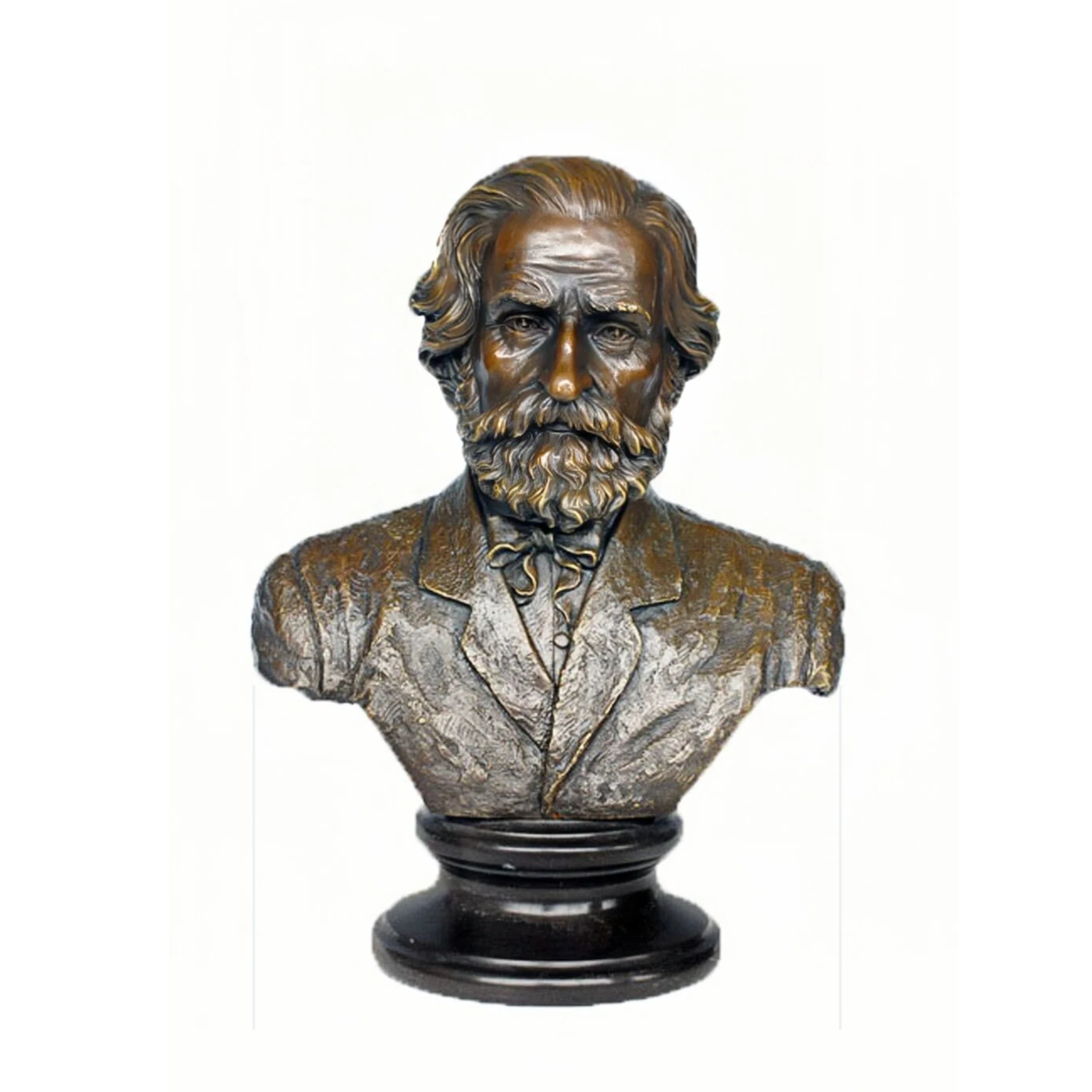 Handcrafted Giuseppe Verdi bronze bust with detailed beard, formal attire, and classical portrait styling