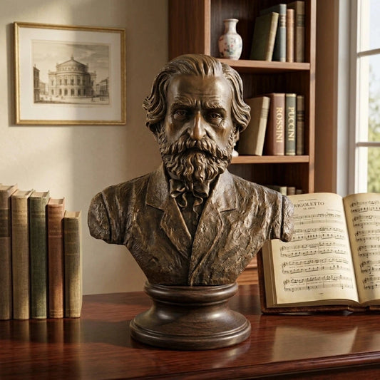 Giuseppe Verdi bronze bust displayed as elegant classical music room and library decor
