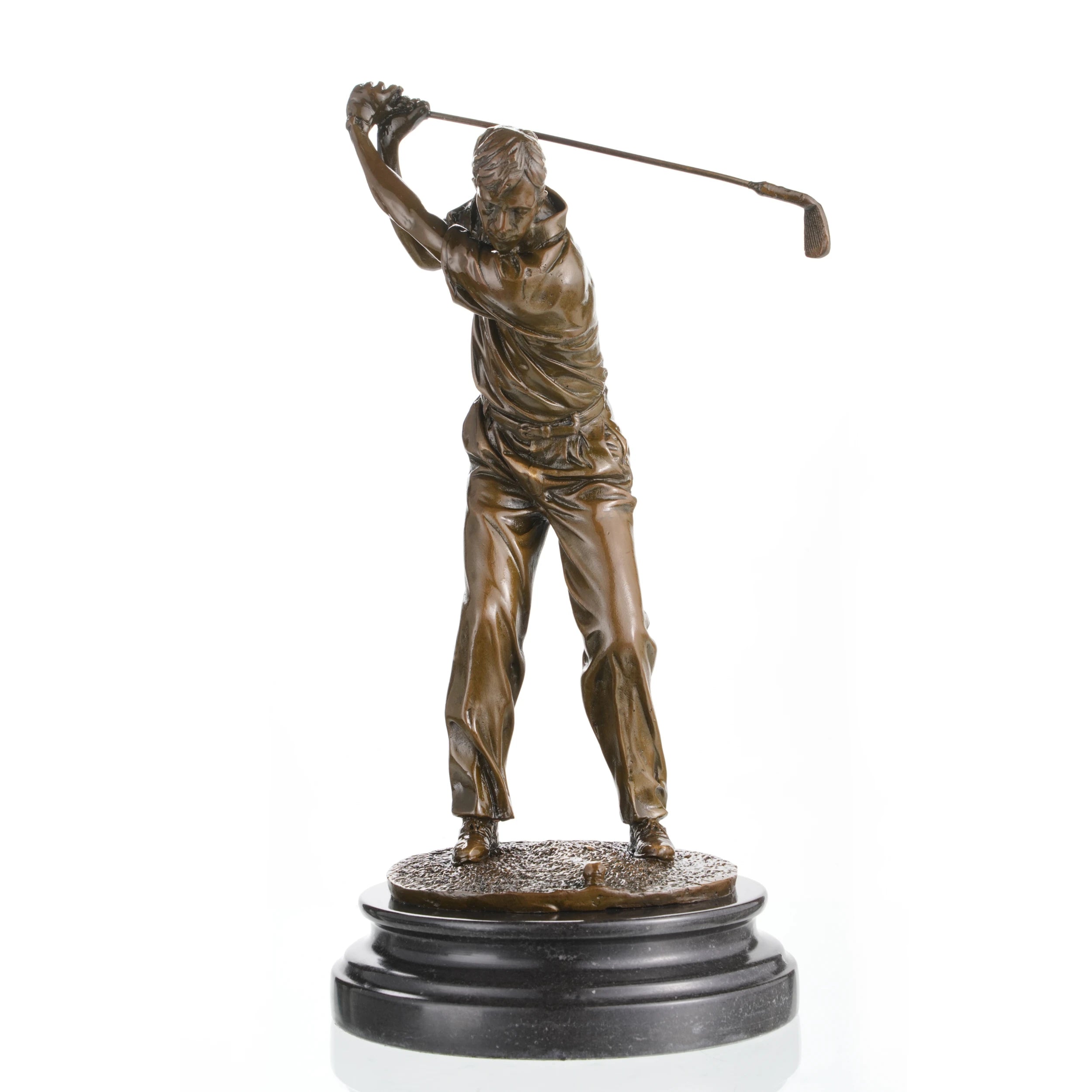 Realistic bronze male golfer mid-swing sculpture, luxury golf trophy on black marble base, professional sports office decor.