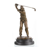 Realistic bronze male golfer mid-swing sculpture, luxury golf trophy on black marble base, professional sports office decor.
