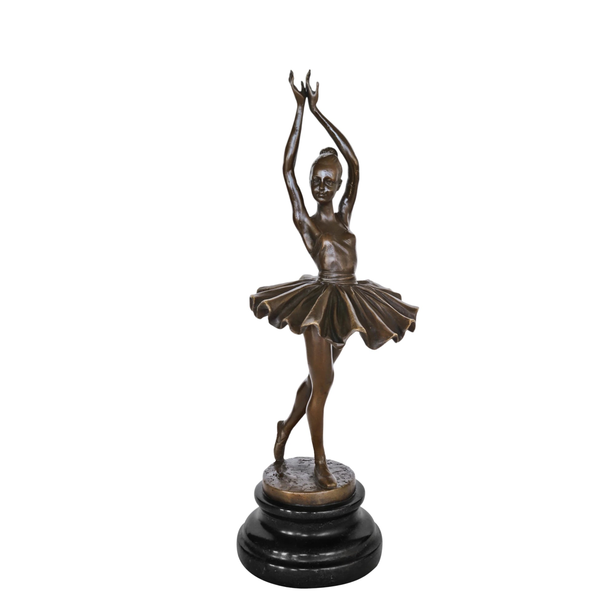 Front view of graceful ballerina bronze sculpture with raised arms, flowing tutu, and black marble base