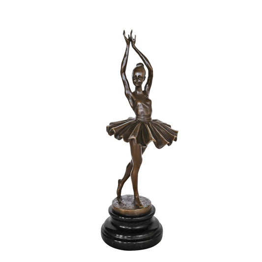 Front view of graceful ballerina bronze sculpture with raised arms, flowing tutu, and black marble base