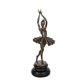 Front view of graceful ballerina bronze sculpture with raised arms, flowing tutu, and black marble base