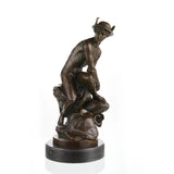 Classical bronze Hermes Mercury statue with winged hat, dynamic athletic god sculpture on round black marble base, loss wax casting mythological art.