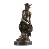 Classical bronze Hermes Mercury statue with winged hat, dynamic athletic god sculpture on round black marble base, loss wax casting mythological art.