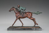Racehorse and jockey bronze sculpture with green patina finish and dynamic racing composition