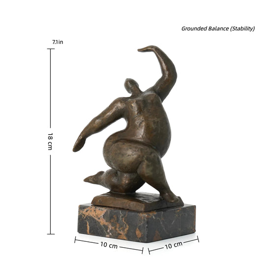 Grounded balance dancing figure bronze sculpture with rounded form on marble base, modern abstract decor