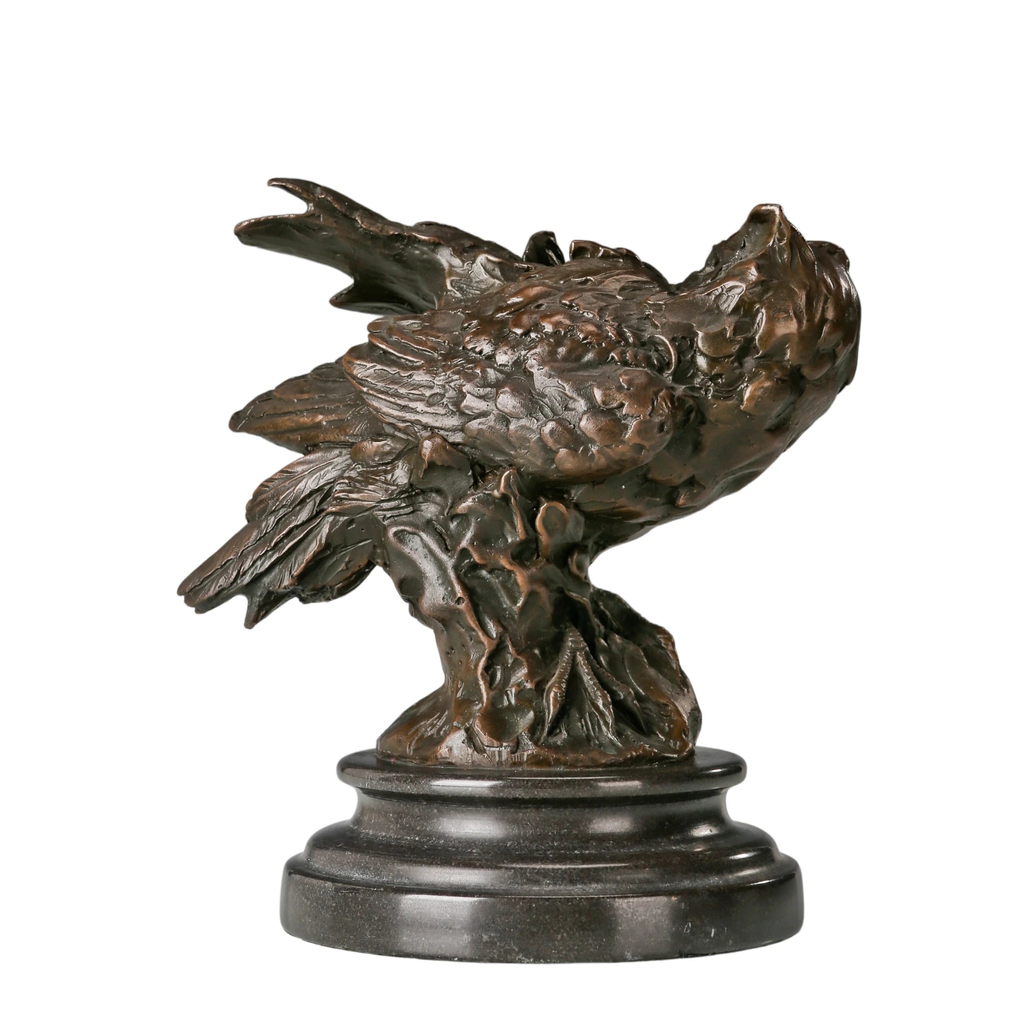 Angled view of Guardian Owl bronze statue showing layered feathers and forward-leaning pose