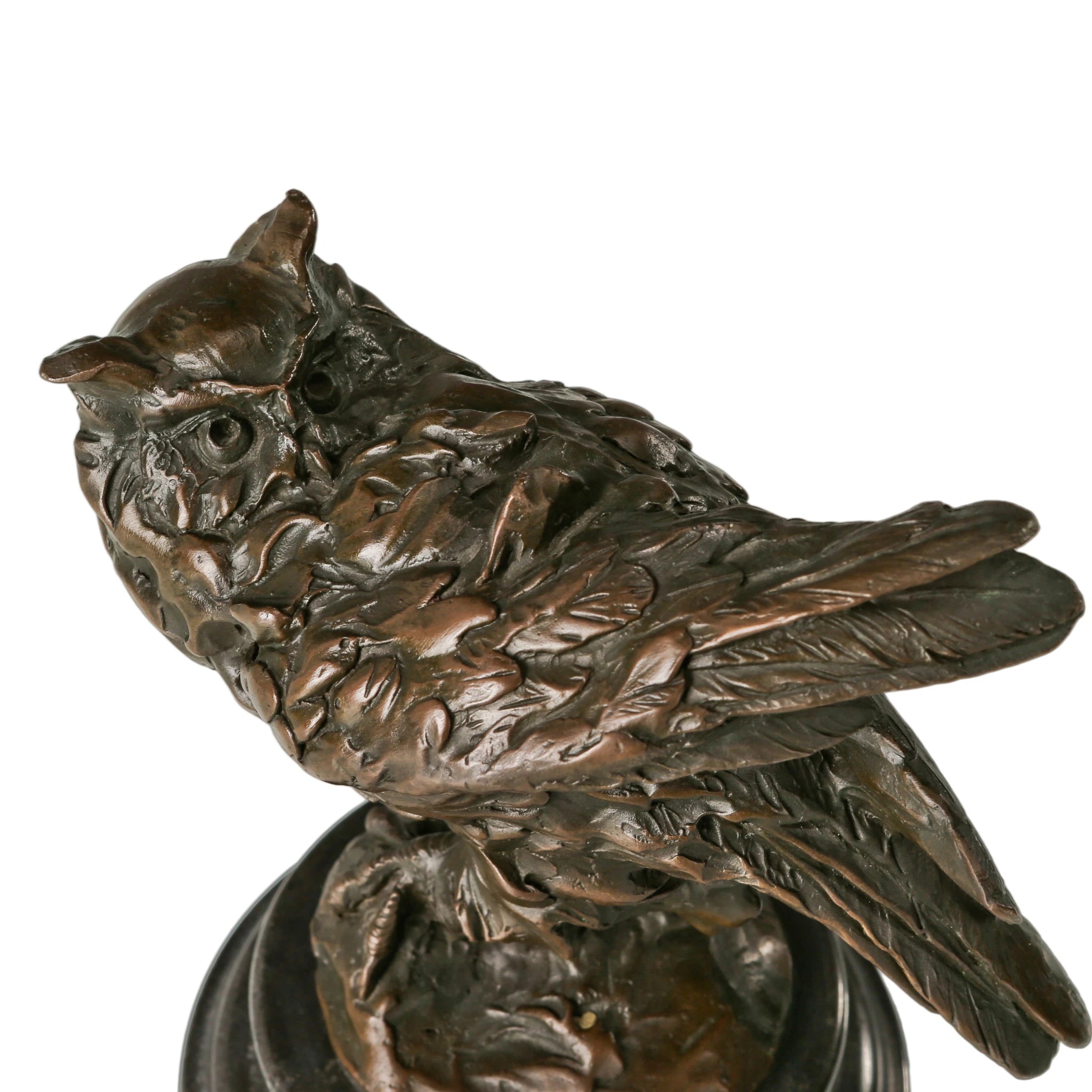 Close-up of Guardian Owl sculpture showing expressive face, detailed feathers, and hand-finished bronze surface