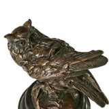 Close-up of Guardian Owl sculpture showing expressive face, detailed feathers, and hand-finished bronze surface