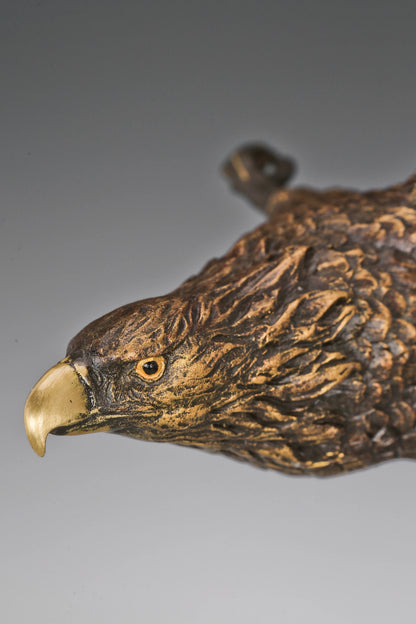 Eagle taking flight bronze sculpture with detailed feathers and marble base. Perfect wildlife statue for home decor, office, and collectors.
