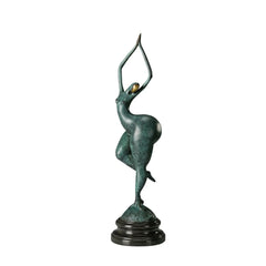Abstract female gymnast bronze statue balancing on one leg with arms overhead, green patina and black marble base