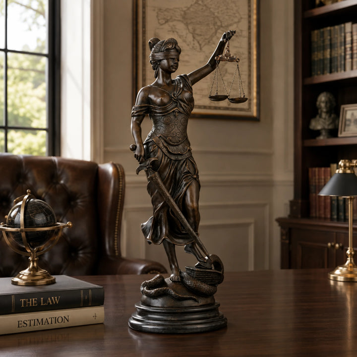 a handcrafted bronze Lady Justice statue featuring the iconic scales and sword of Justitia. A powerful legal symbol sculpture perfect for law offices, courtrooms, and lawyer decor.