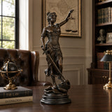 a handcrafted bronze Lady Justice statue featuring the iconic scales and sword of Justitia. A powerful legal symbol sculpture perfect for law offices, courtrooms, and lawyer decor.