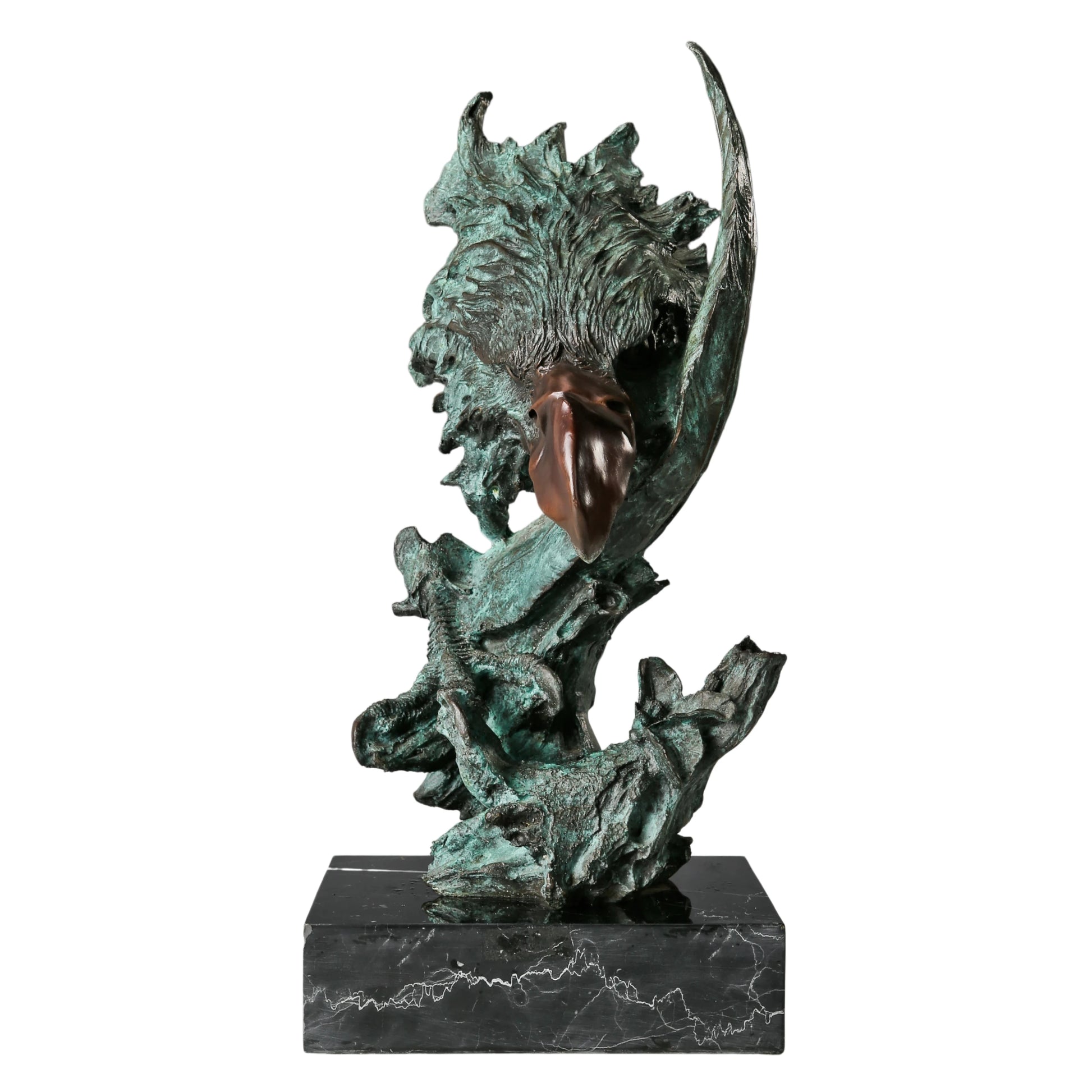 Abstract bronze eagle head sculpture with striking verdigris patina and marble base. A bold wildlife statue symbolizing freedom, strength, and vision.