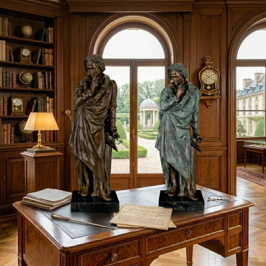 Full-length bronze statue of Ludwig van Beethoven with two finishes: classic bronze or verdigris patina. Handcrafted sculpture with marble base—ideal for collectors, musicians, and statement interiors.