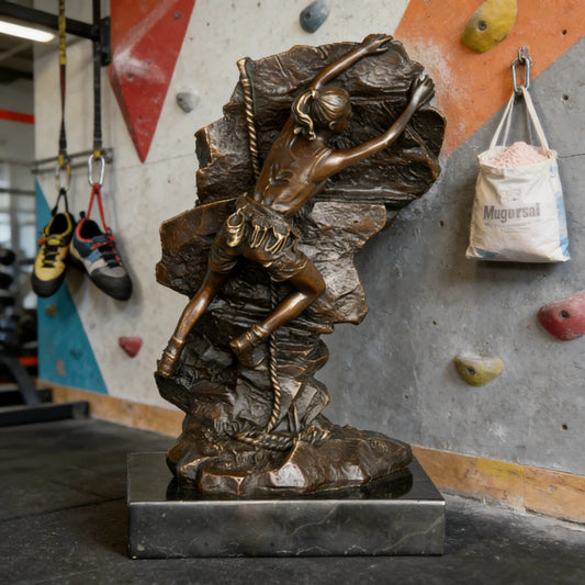 Solid bronze female rock climber statue, inspirational gift for mountaineering enthusiasts