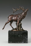 Handcrafted bugling elk bronze statue with large branching antlers and marble base, ideal for offices, studies, cabins, lodges and wildlife-inspired interiors.