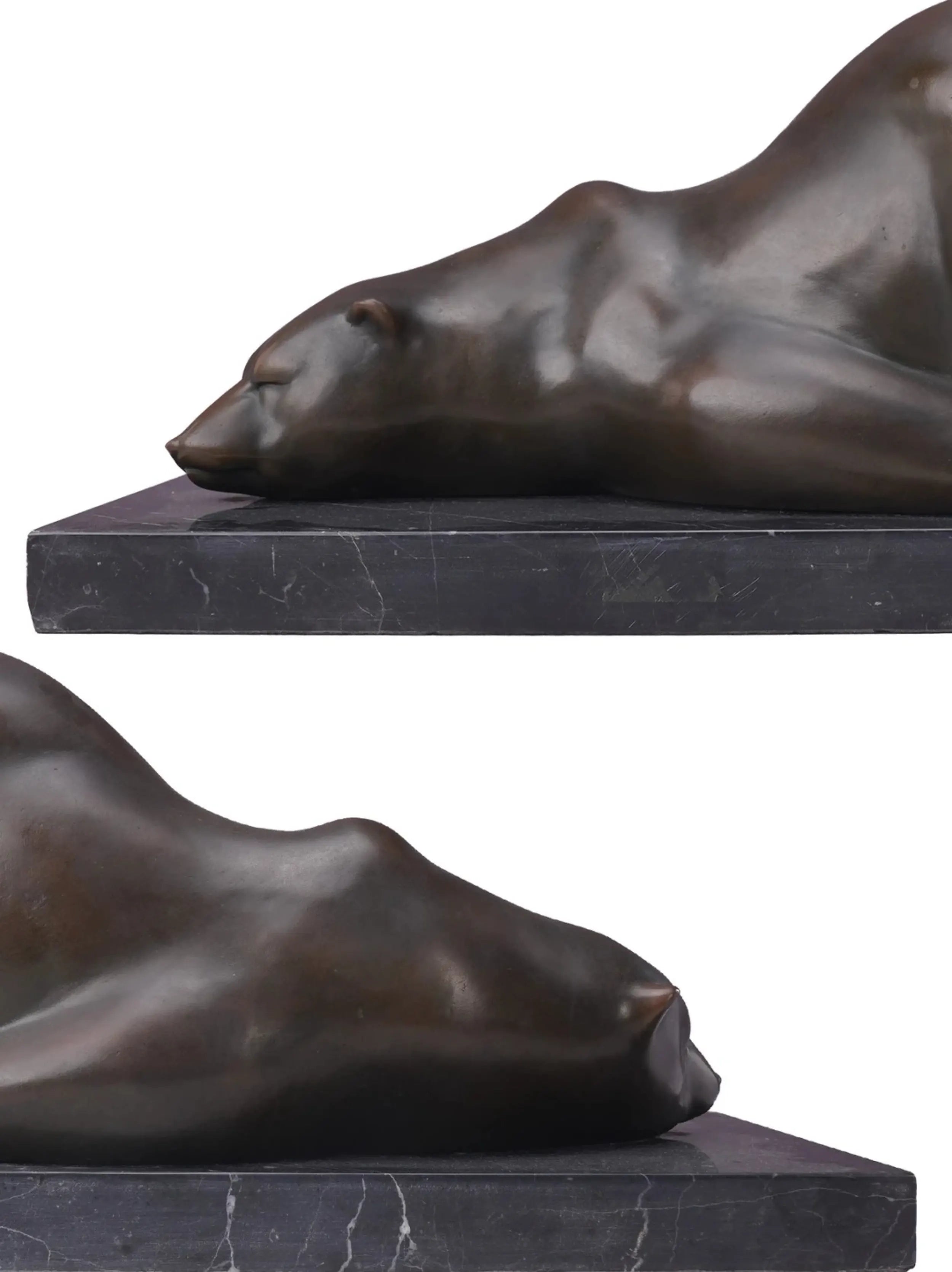 handcrafted sleeping polar bear bronze sculpture with a rich bronze patina and marble base, a peaceful wildlife accent for home or office.