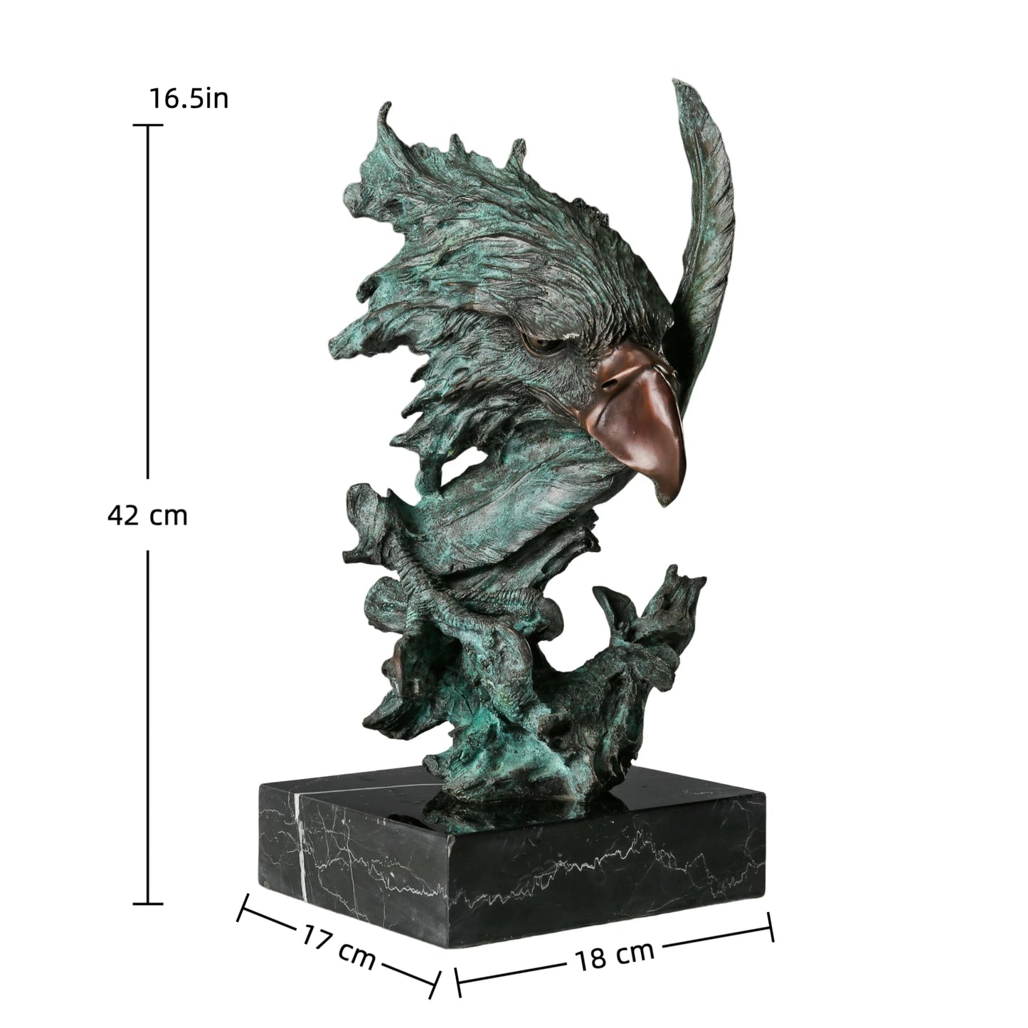 Abstract bronze eagle head sculpture with striking verdigris patina and marble base. A bold wildlife statue symbolizing freedom, strength, and vision.