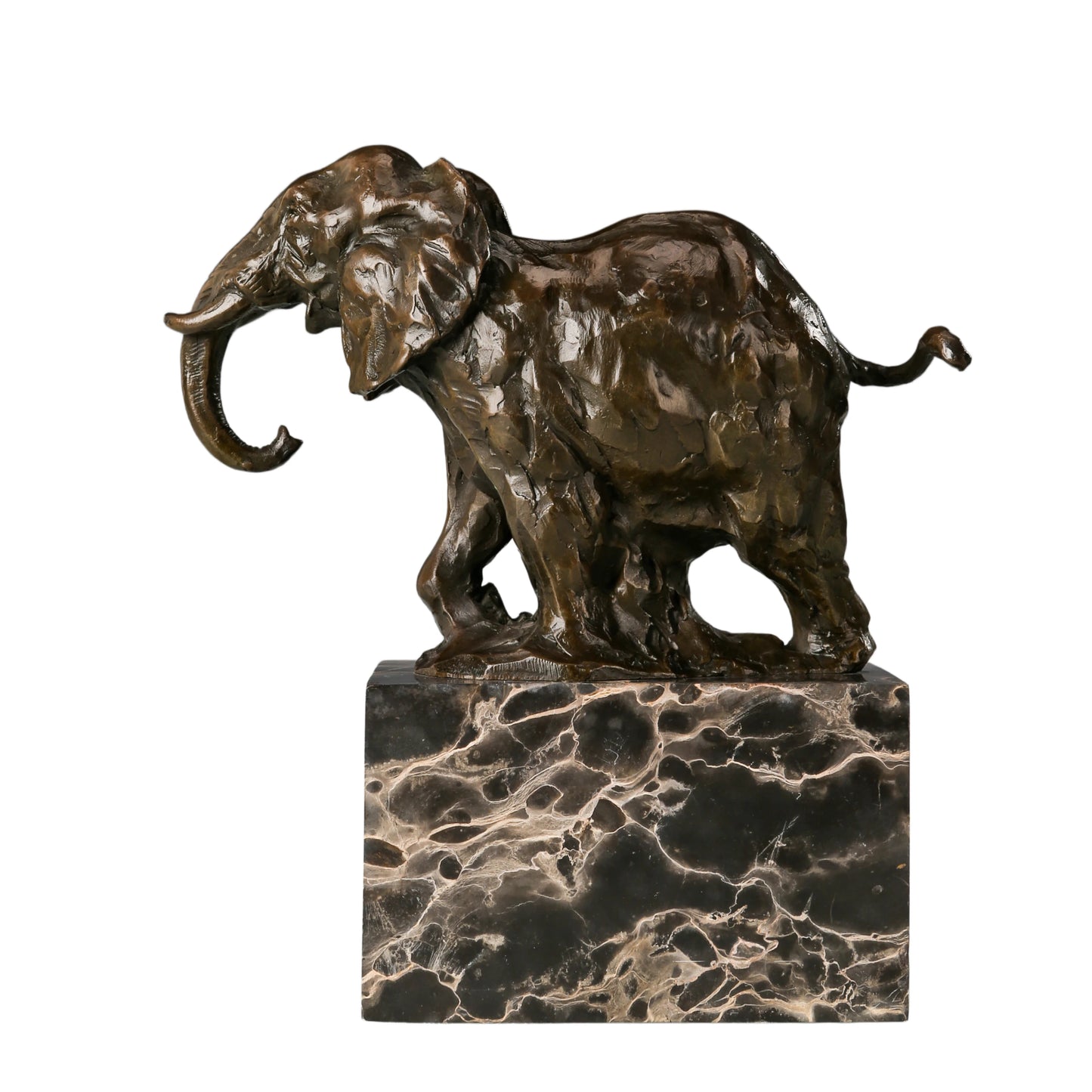 a dynamic bronze sculpture of an elephant, crafted using the lost-wax casting method with a distinctively expressive, textured finish.