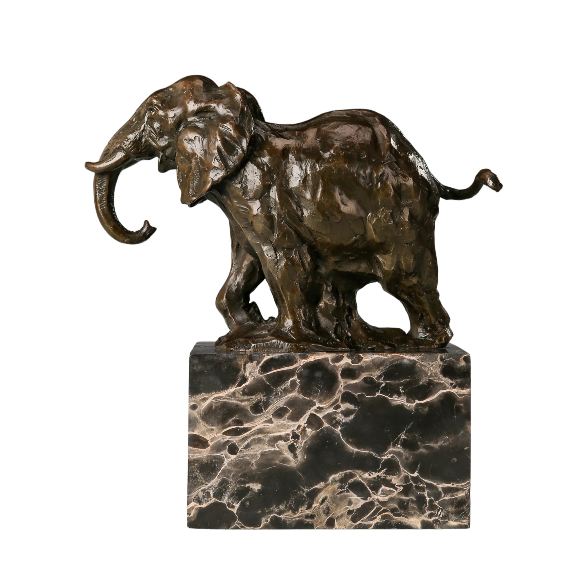 a dynamic bronze sculpture of an elephant, crafted using the lost-wax casting method with a distinctively expressive, textured finish.